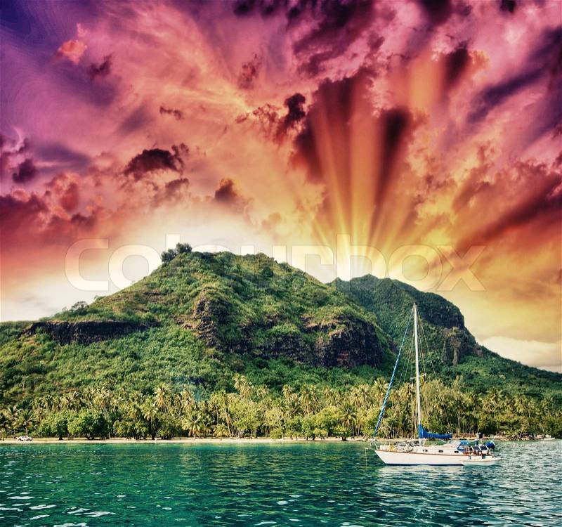 Wonderful dream island in Polynesia with small boat and Ocean, stock photo