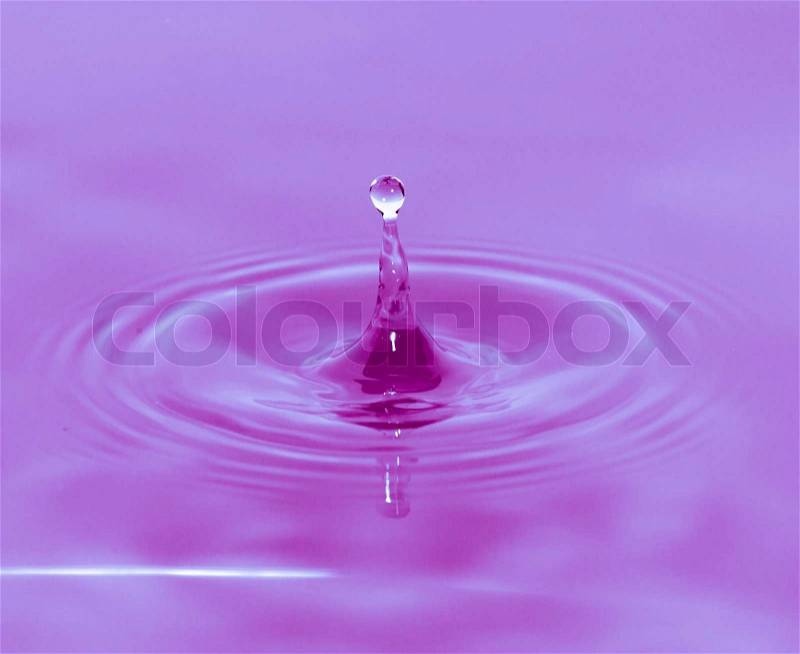A drop of water falls in a purple water. macro, stock photo