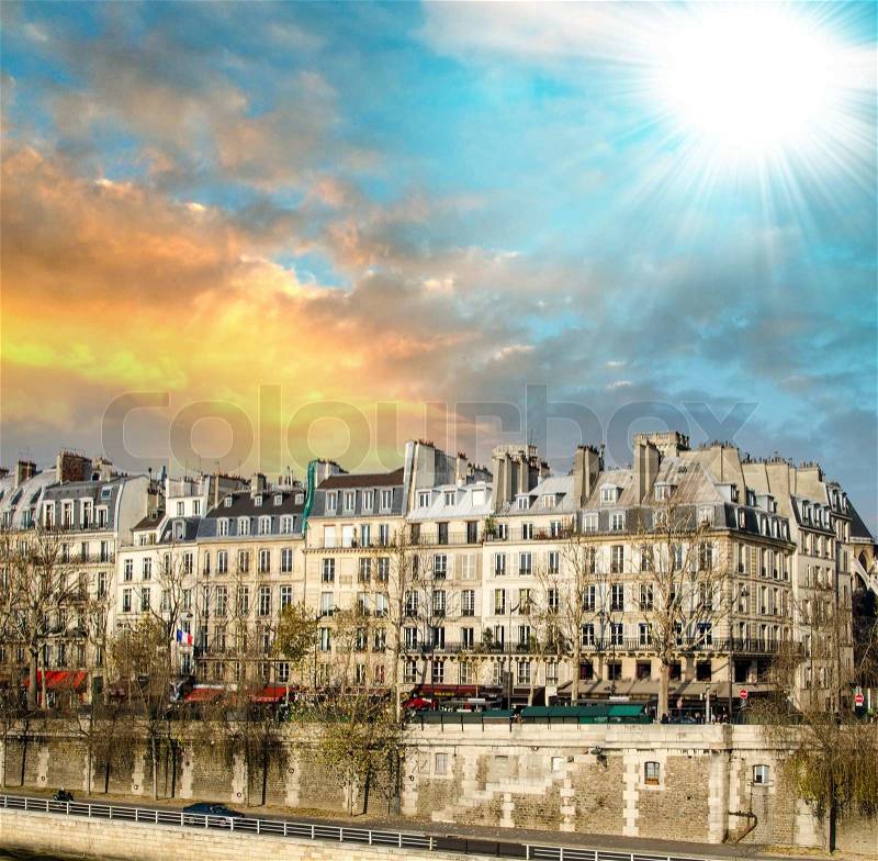 Paris, France. Magnificent ancient buildings at sunset, stock photo