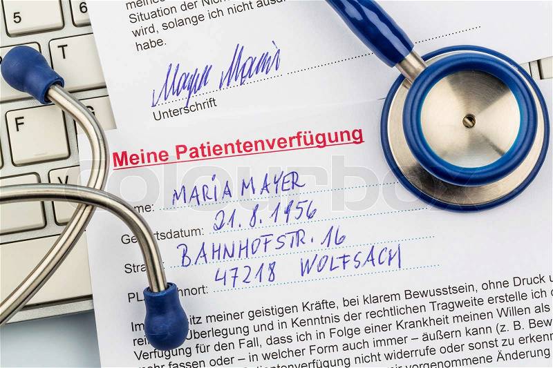 A living will in german language. instructions for the doctor or hospital in the event of a terminal illness, stock photo