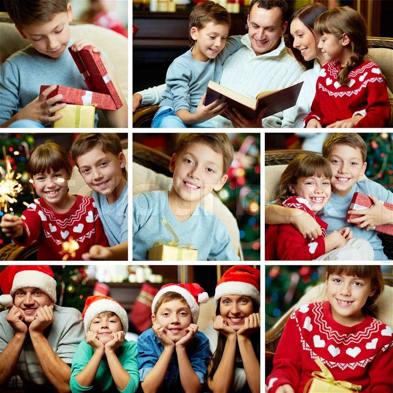 Collage of happy family on Christmas evening, stock photo