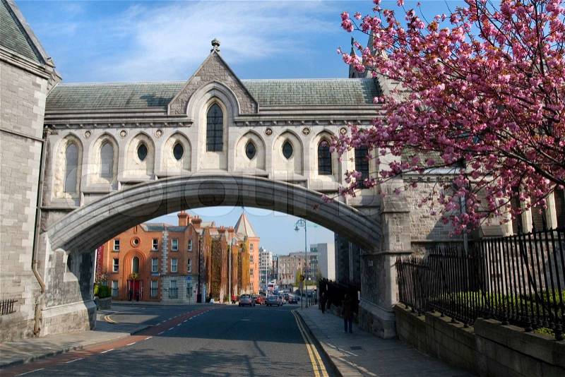 Dublin cityscape, part of the Christ Church Cathedral on the first plan, stock photo