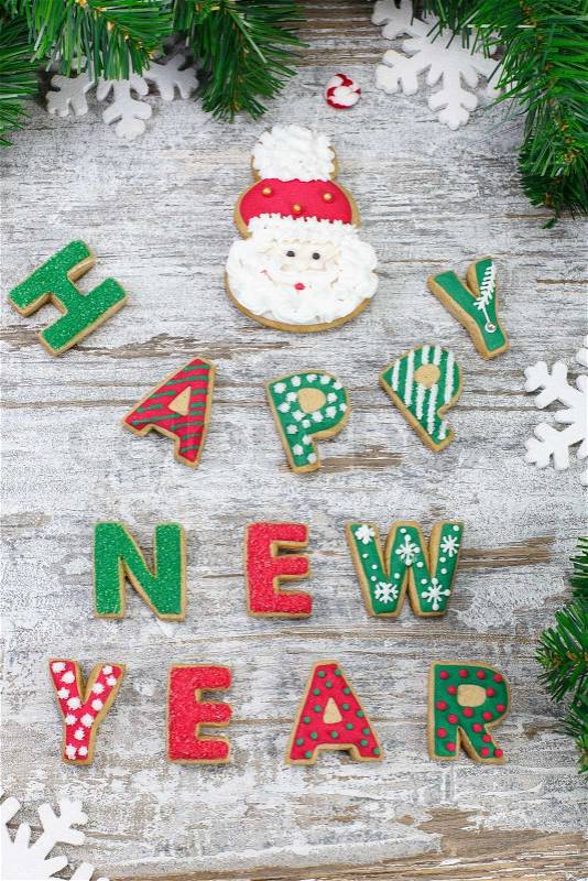 Ginger cookies. Text Happy New Year from Ginger Cookies, stock photo