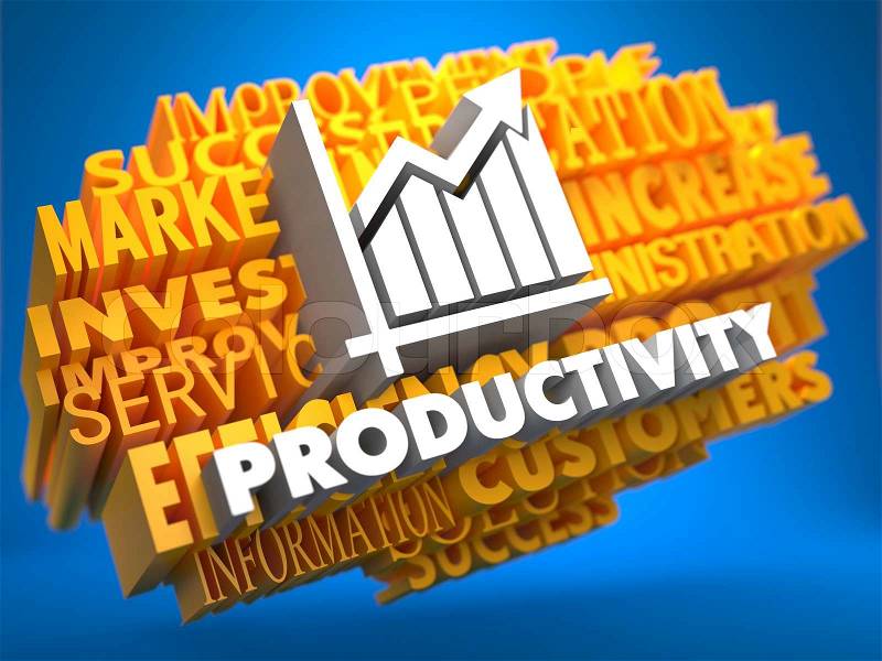 Productivity with Growth Chart - White Color Text on Yellow WordCloud on Blue Background, stock photo