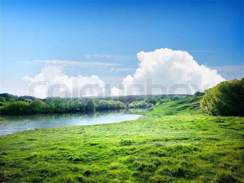 River and the field on a sunny summer day, stock photo