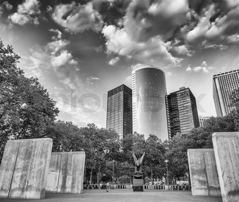 The Navy Memorial in Battery Park, Lower Manhattan - New York, black and white view, stock photo