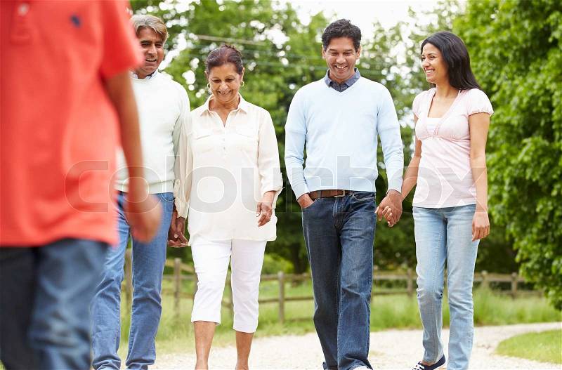 Muti-Generation Indian Family Walking In Countryside, stock photo