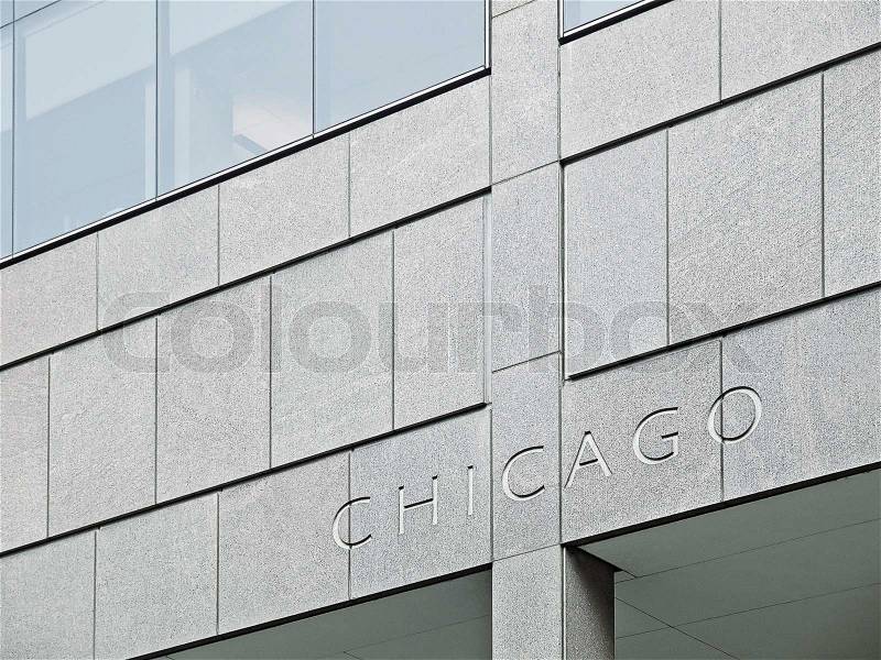 Chicago Lettering carved in a modern building, stock photo