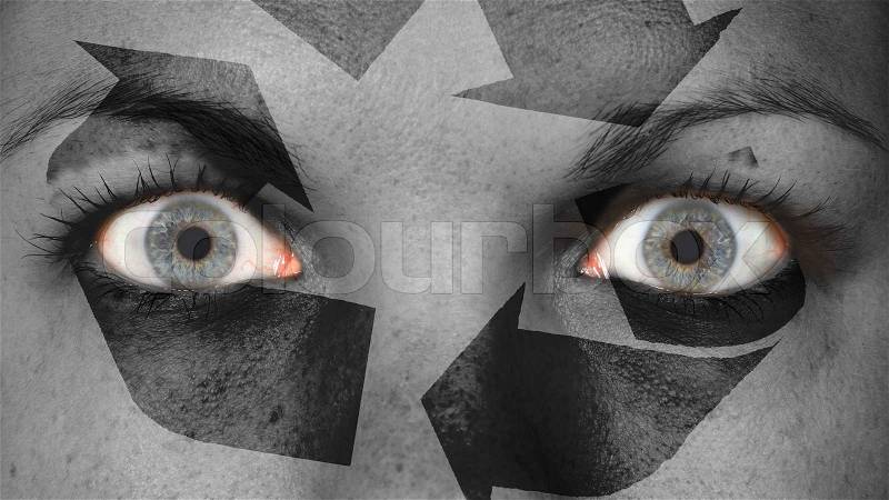 Women eye, close-up, eyes wide open, recycle, stock photo