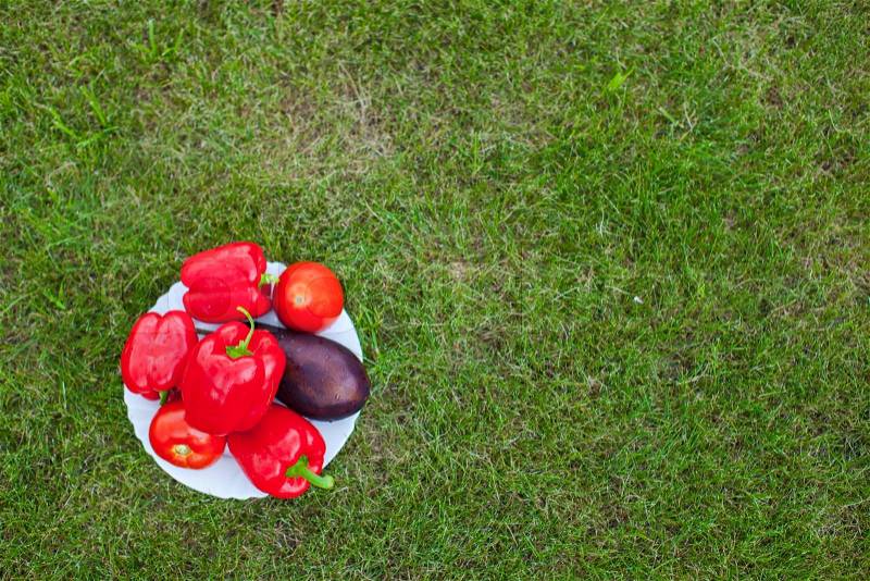 White plate with red peppers on a green grass, stock photo