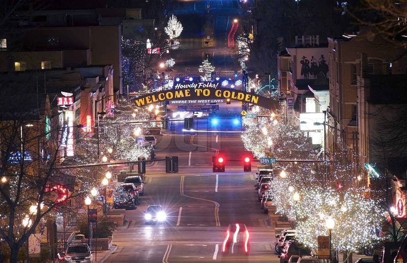 Golden Colorado Main Street. Welcome in Golden Colorado. The City of Golden in Christmas Time. , stock photo