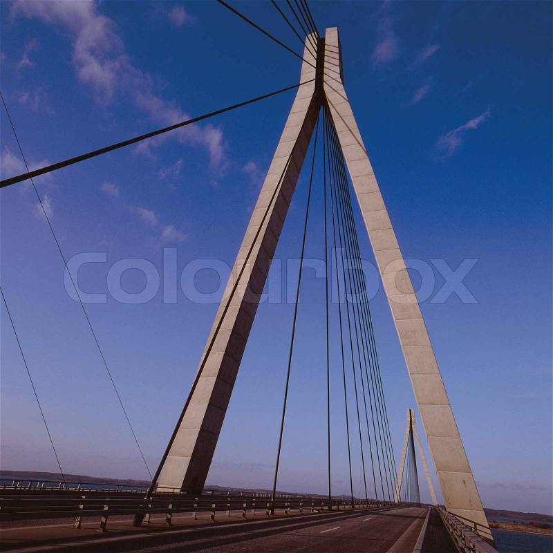 Close-up on bridge lines in Denmark on blue sky, stock photo
