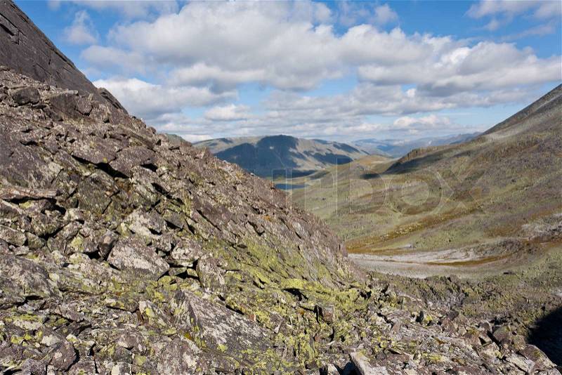 Mountain landscape with sky and clouds, Ural Mountains, Russia, stock photo