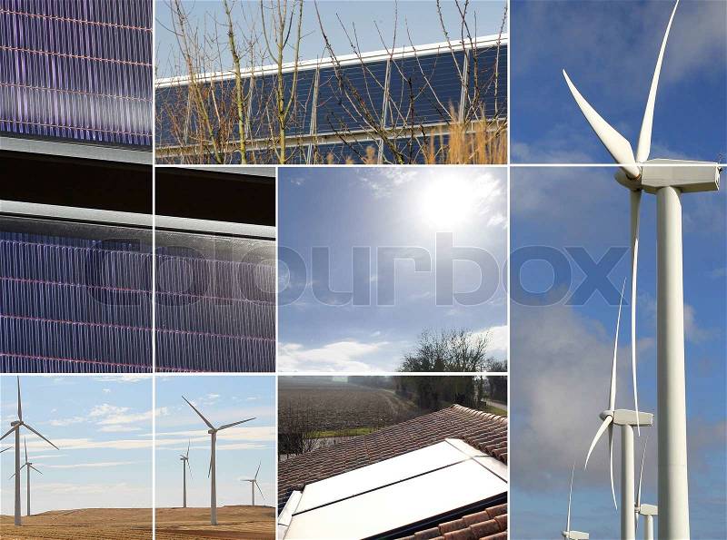 Montage of renewable energy sources, stock photo