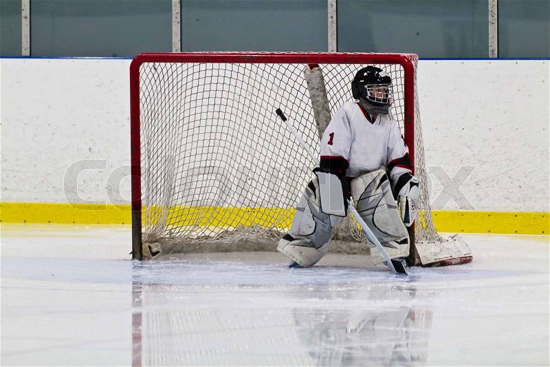 Young hockey goalie playing in net, stock photo