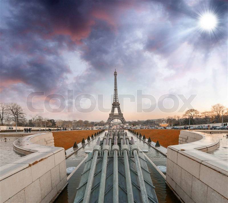 Wonderful view of Eiffel Tower from Trocadero Park. La Tour Eiffel at sunset - Paris, stock photo