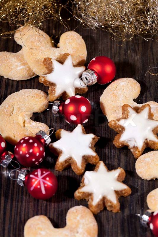 Fresh tasty christmas cinnamon cookies and sticks decoration winter holiday , stock photo