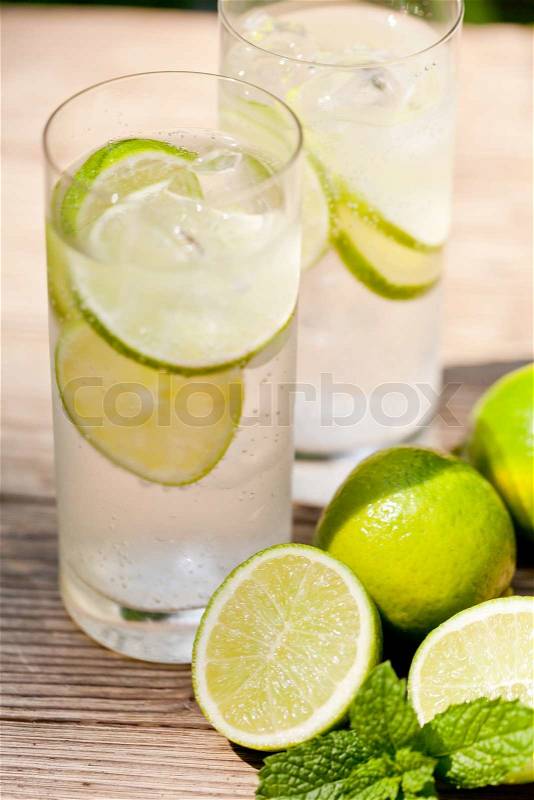 Fresh cold refreshment drink mineral water soda with lime and mint on wooden table in summer, stock photo