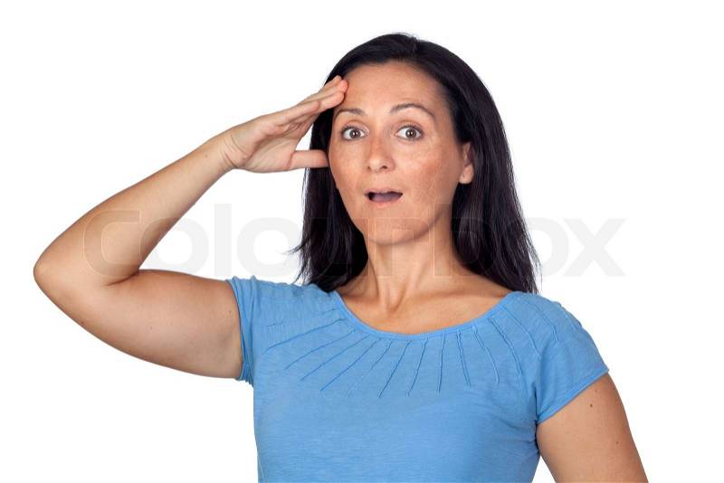 Surprised woman by forgetting something isolated on white background, stock photo