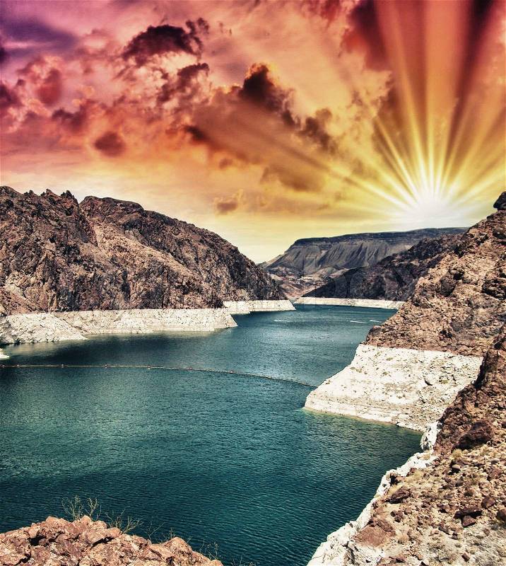 Glen Canyon dam on the Colorado River and Lake Powell in Arizona, US, stock photo