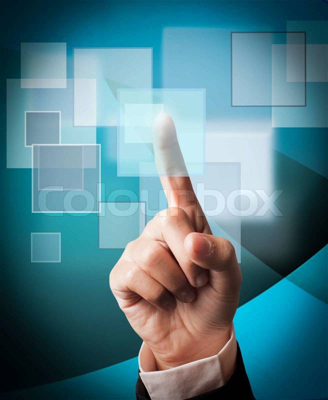 Hand pushing a button on a touch screen interface, stock photo