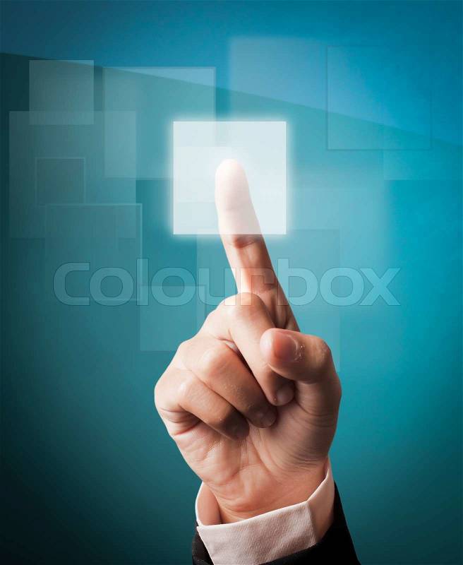 Hand pushing a button on a touch screen interface, stock photo