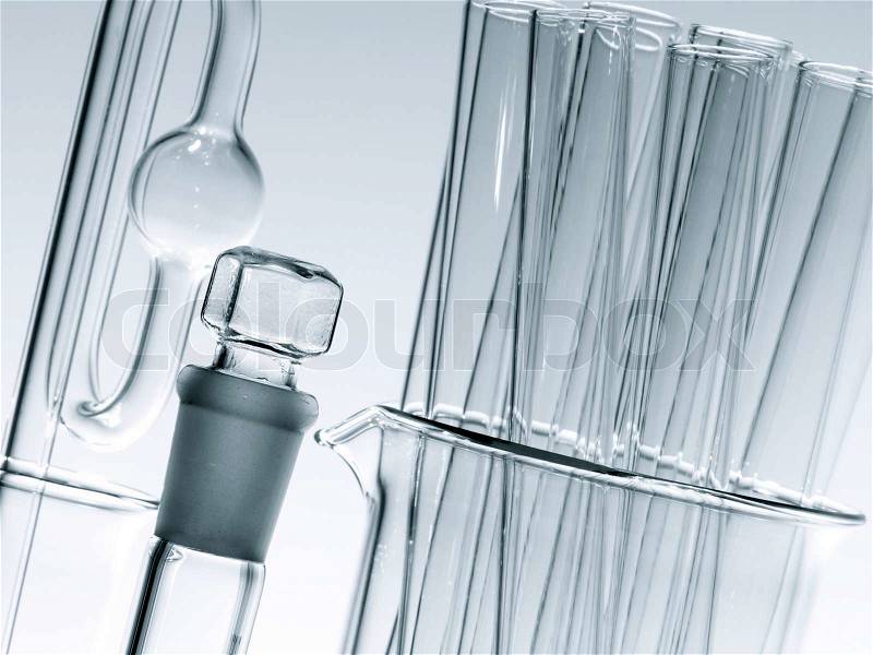 Forefront of glass laboratory equipment for chemistry experiments, stock photo