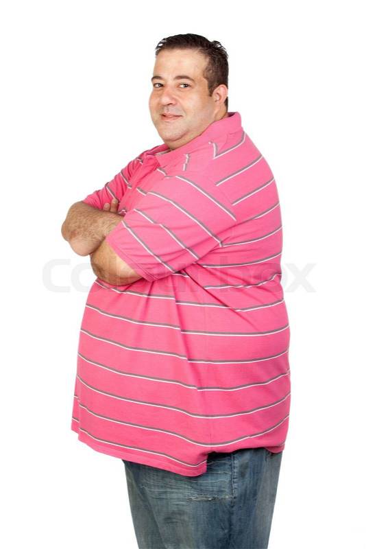 Worried fat man with pink shirt isolated on white background, stock photo