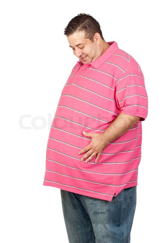 Fat man with pink shirt isolated on white background, stock photo