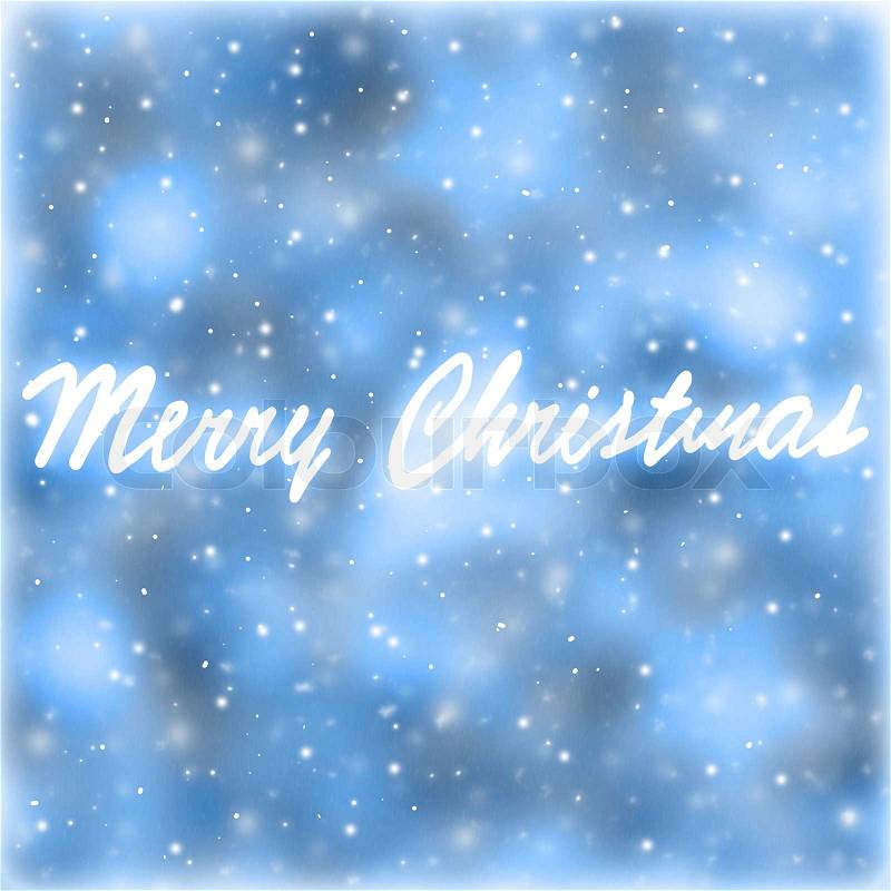Merry Christmas greeting card, blue abstract background with handwriting greeting words, beautiful festive wallpaper, stock photo