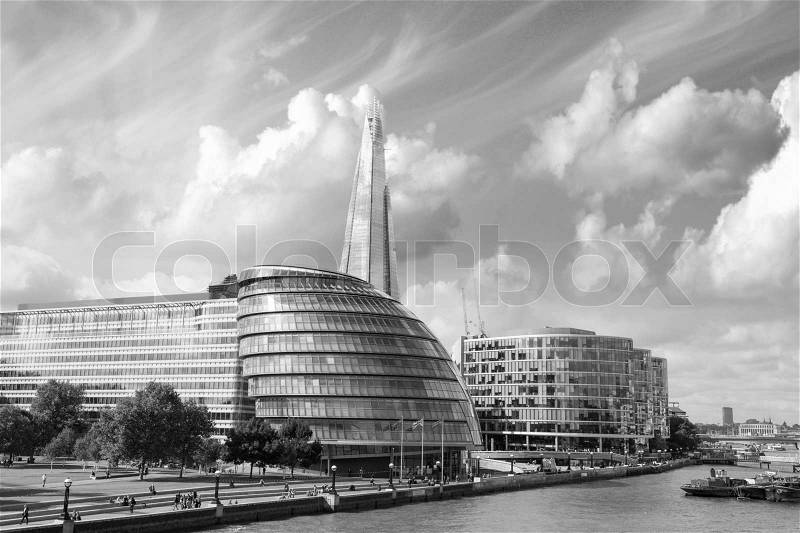New London city hall with Thames river, panoramic view from Tower Bridge - UK, stock photo