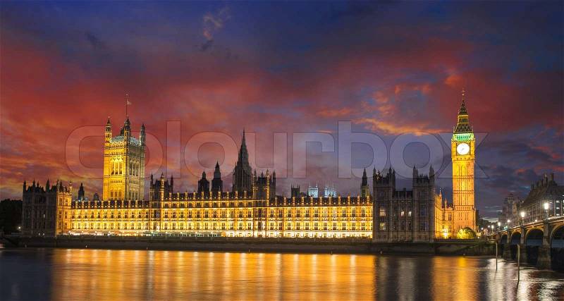 Big Ben and House of Parliament at River Thames International Landmark of London England at Dusk - UK, stock photo