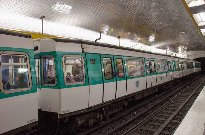 Moving train at Subway Station in Paris - Metro - France, stock photo