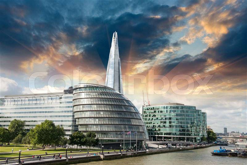 New London city hall with Thames river, panoramic view from Tower Bridge - UK, stock photo