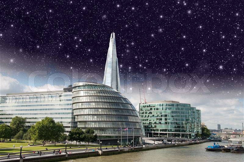 Stars over London city hall with Thames river, panoramic view from Tower Bridge - UK, stock photo