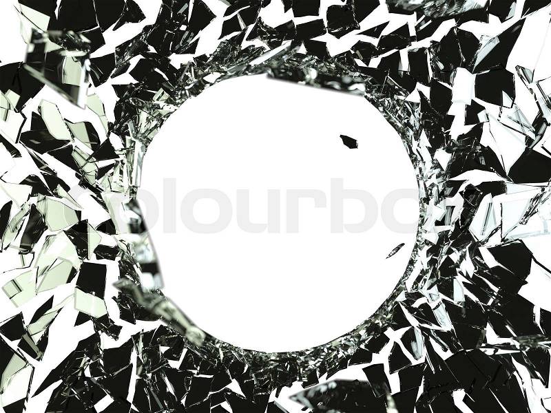 Bullet hole and pieces of shattered or smashed glass on black, stock photo