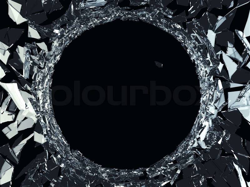 Demolished glass with sharp pieces and bullet hole on black, stock photo