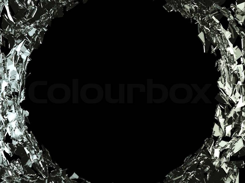 Sharp pieces of smashed glass and bullet hole on black, stock photo