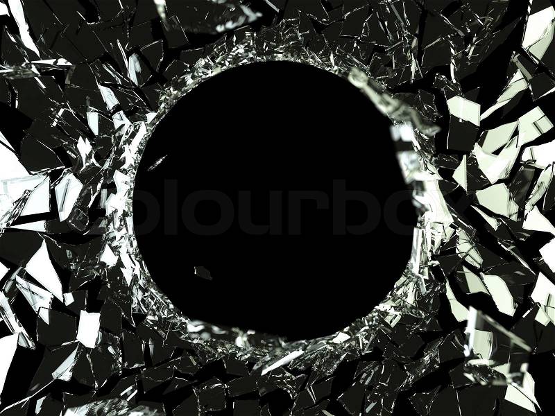Bullet hole and pieces of shattered glass on black, stock photo