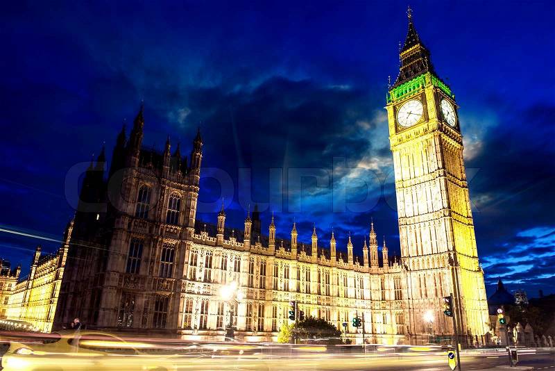 Big Ben and House of Parliament at dusk from Westminster Bridge - London - UK, stock photo