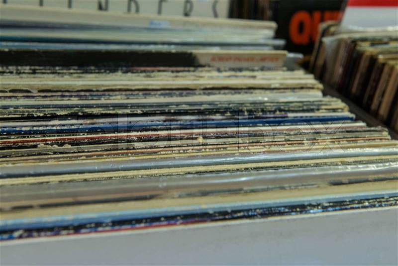 Vinyl LP Record Collection in Crate. This is a popular choice for DJs to store their music, stock photo