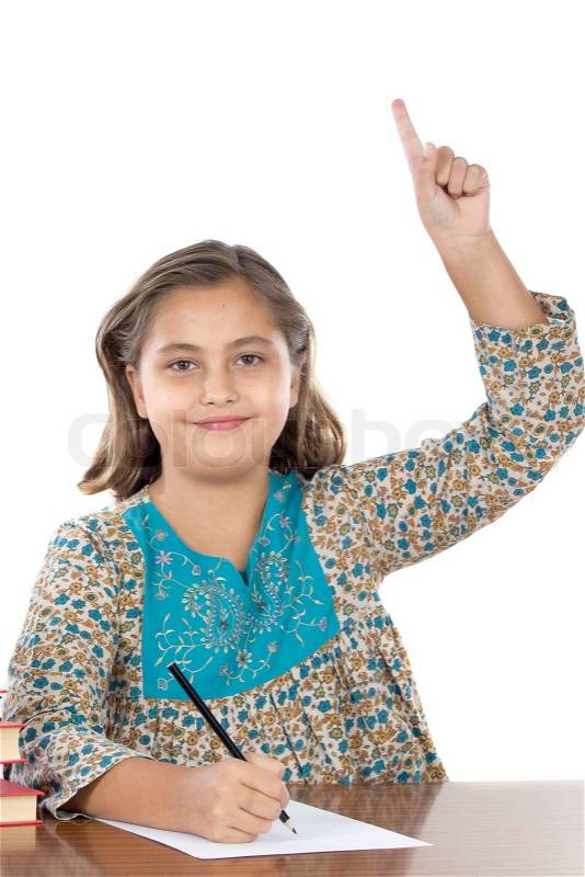 Adorable girl student asking to speak in the school on a over white background, stock photo