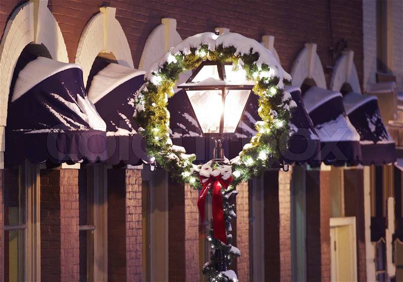 Holidays City Decoration. Lamppost Christmas Decoration Closeup, stock photo