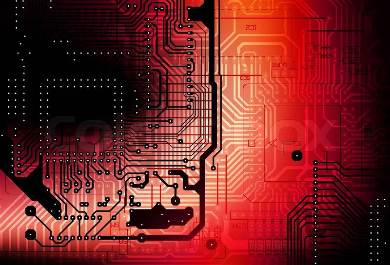 Circuit Board Abstract Backdrop. Red and Black Circuit Boards Scheme Background, stock photo