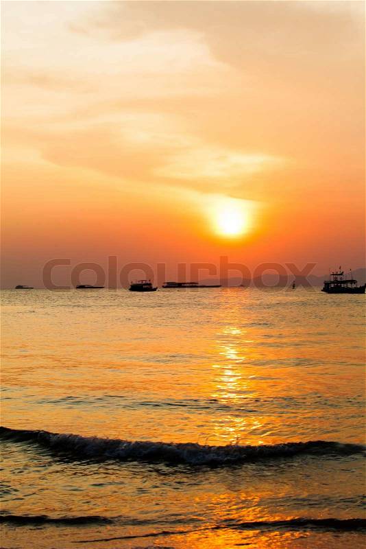 Sunset boat in Thailand. Fishing boat sunrise, stock photo