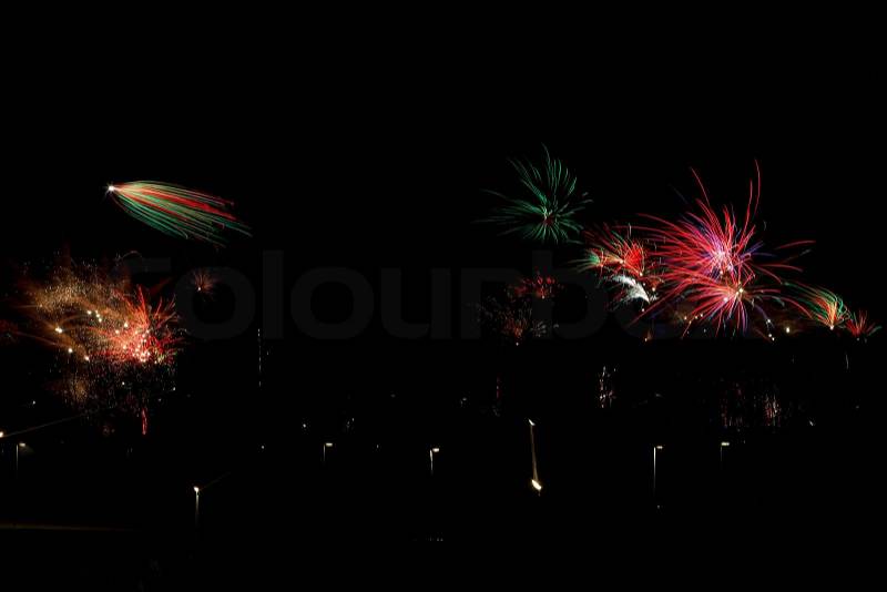 Fire works at Midnight in Denmark starting the New Year 2014, stock photo