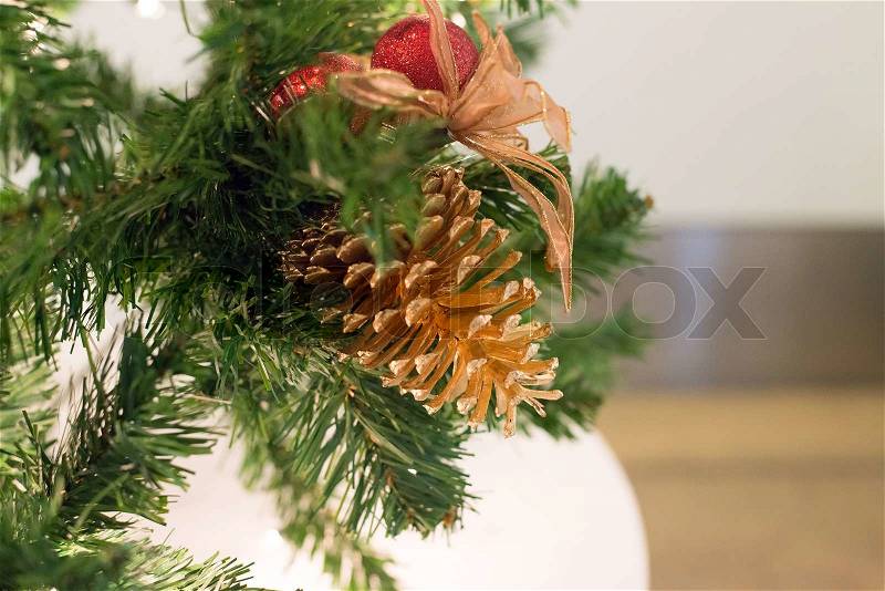 Beautiful color Christmas pine cone on green branches, stock photo