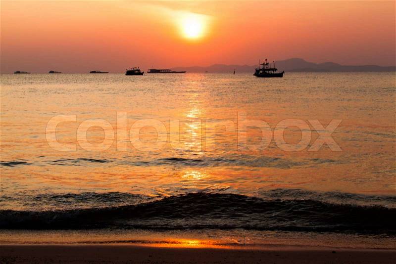 Sunset boat in Thailand. Fishing boat sunrise, stock photo