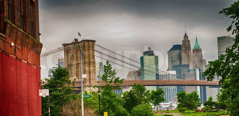 Manhattan skyline as seen from Brooklyn Streets - New York, stock photo