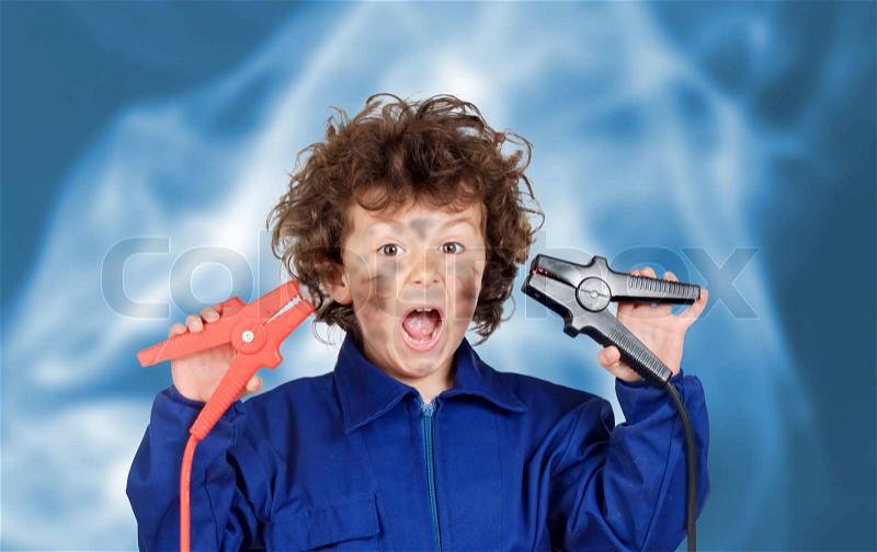 Health and safety prevention at work, child isolated over blue, stock photo